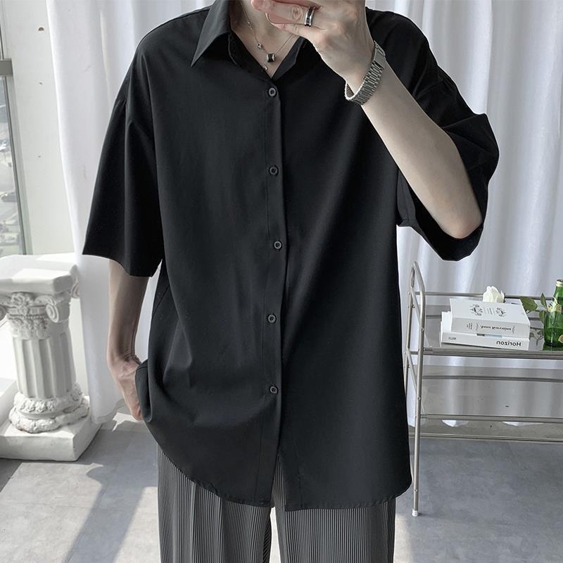冰丝短袖衬衫男士夏季薄款黑色宽松五分半袖dk衬衣潮流休闲上衣服