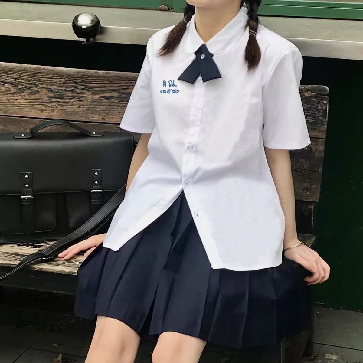 新款圆领jk制服百褶裙女夏套装宽松衬衫女泰国学生校服 三件套 虎窝拼