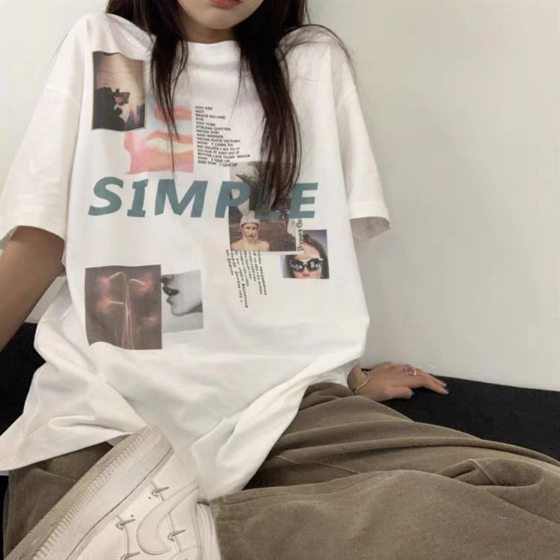 100% pure cotton white short-sleeved t-shirt women 2023 new trendy ins tops all-match mid-length student Korean version loose