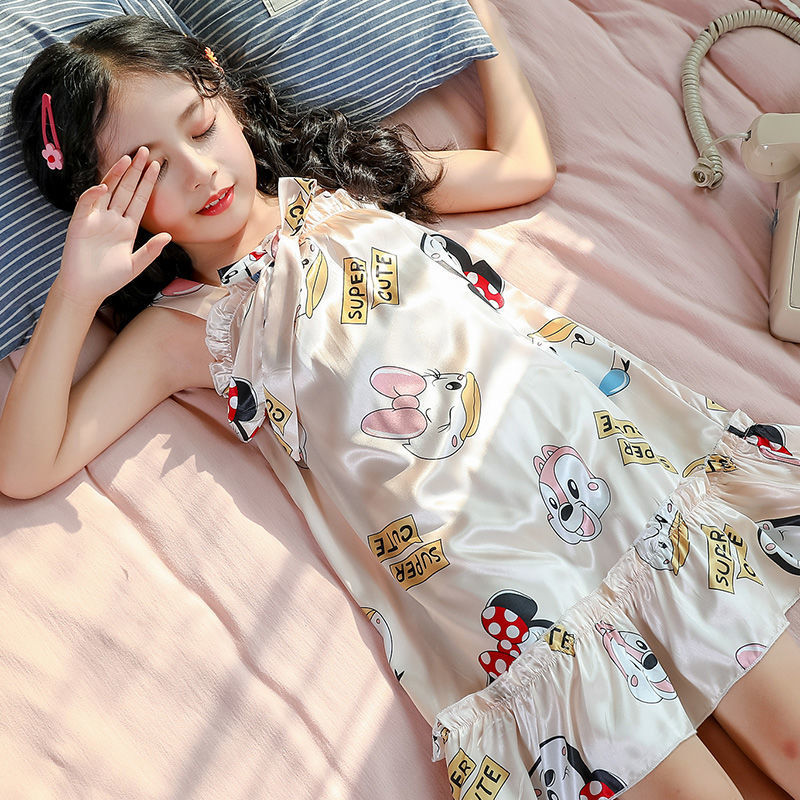 女童睡裙夏冰丝薄款韩版公主风吊带裙宽松可爱甜美亲子睡裙母女装
