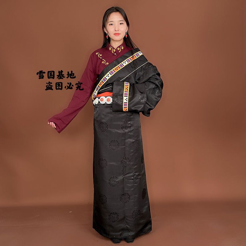新款西藏藏族民族风仿氆氇镶边双层女士藏装女装藏袍藏服藏式服装