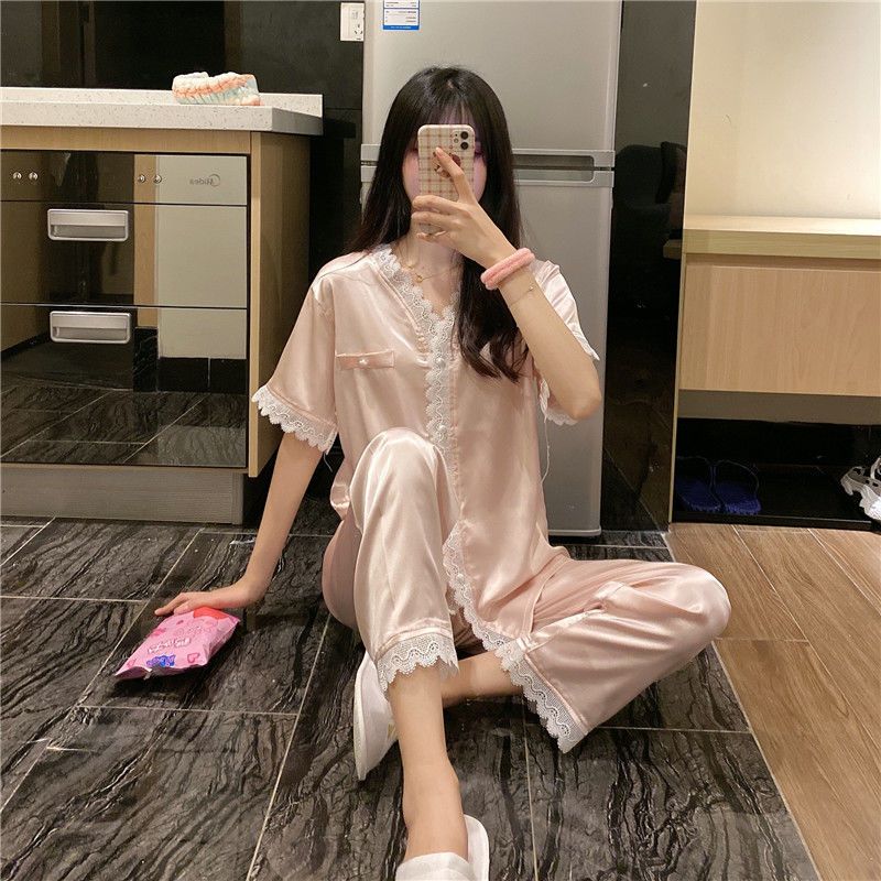 Korean ins spring and summer lace V-neck silky short-sleeved trousers solid color sweet loose pajamas women's home service suit