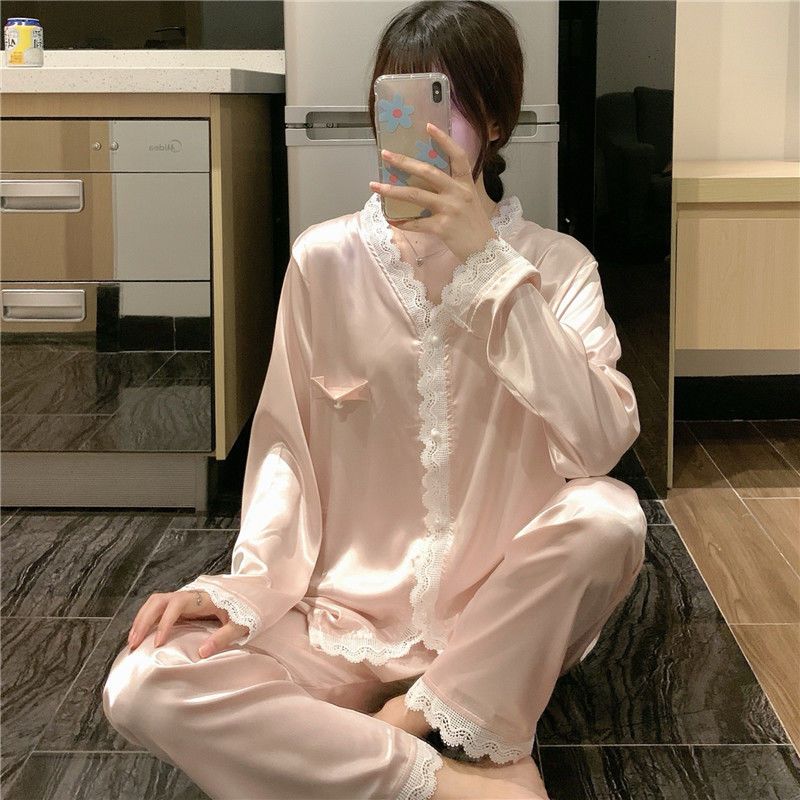 Korean ins autumn and winter sweet lace V-neck silky long-sleeved trousers solid color loose pajamas women's home service suit