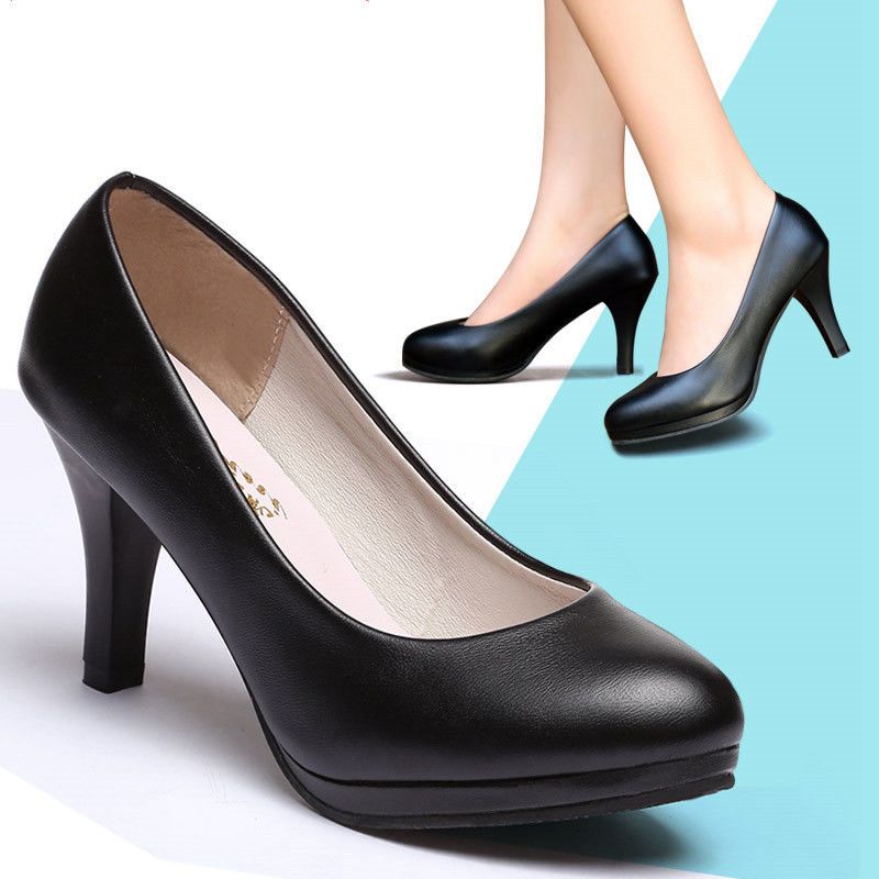 Student etiquette high-heeled shoes women's spring and autumn thin-heeled black professional flight attendant interview work medium-heeled thick-heeled round-toed leather shoes