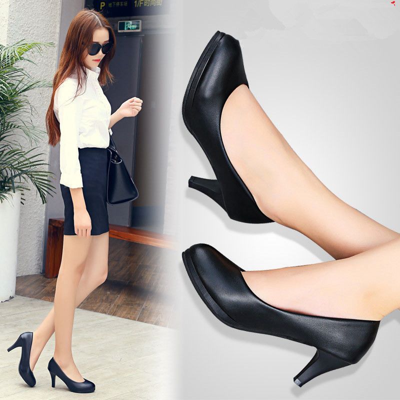 Student etiquette high-heeled shoes women's spring and autumn thin-heeled black professional flight attendant interview work medium-heeled thick-heeled round-toed leather shoes