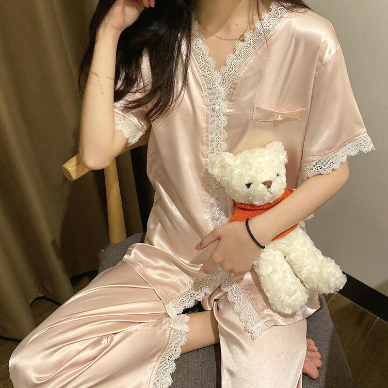 Korean ins spring and summer lace V-neck silky short-sleeved trousers solid color sweet loose pajamas women's home service suit