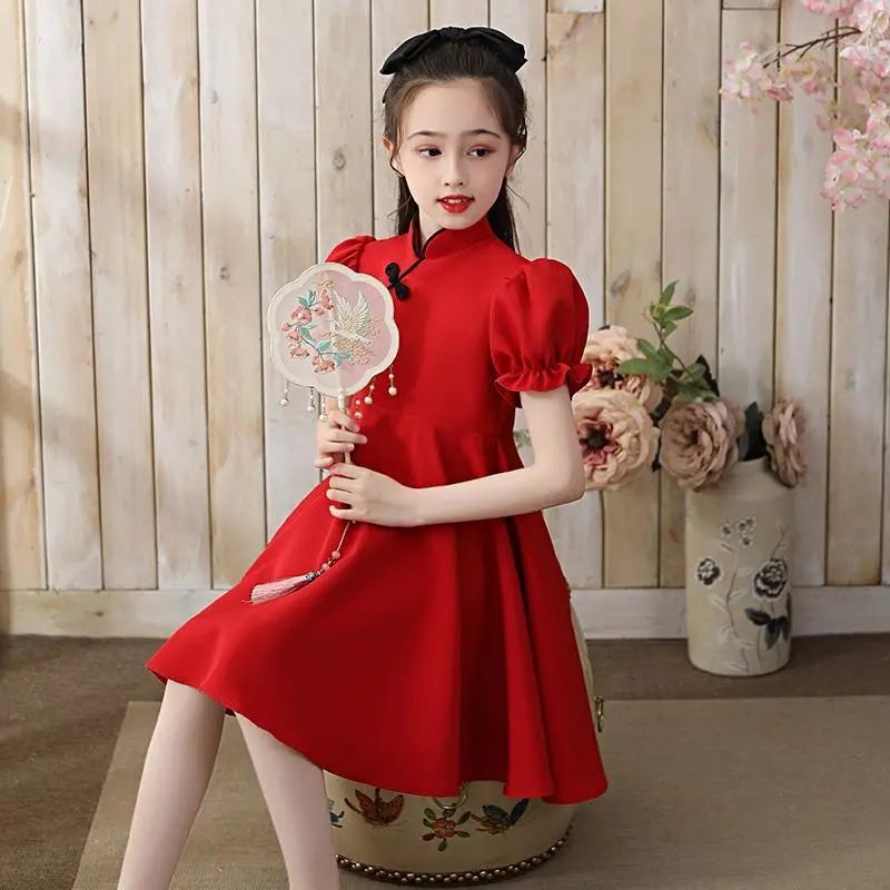 女童连衣裙夏装改良旗袍儿童唐装中国风红色复古演出服小女孩洋气