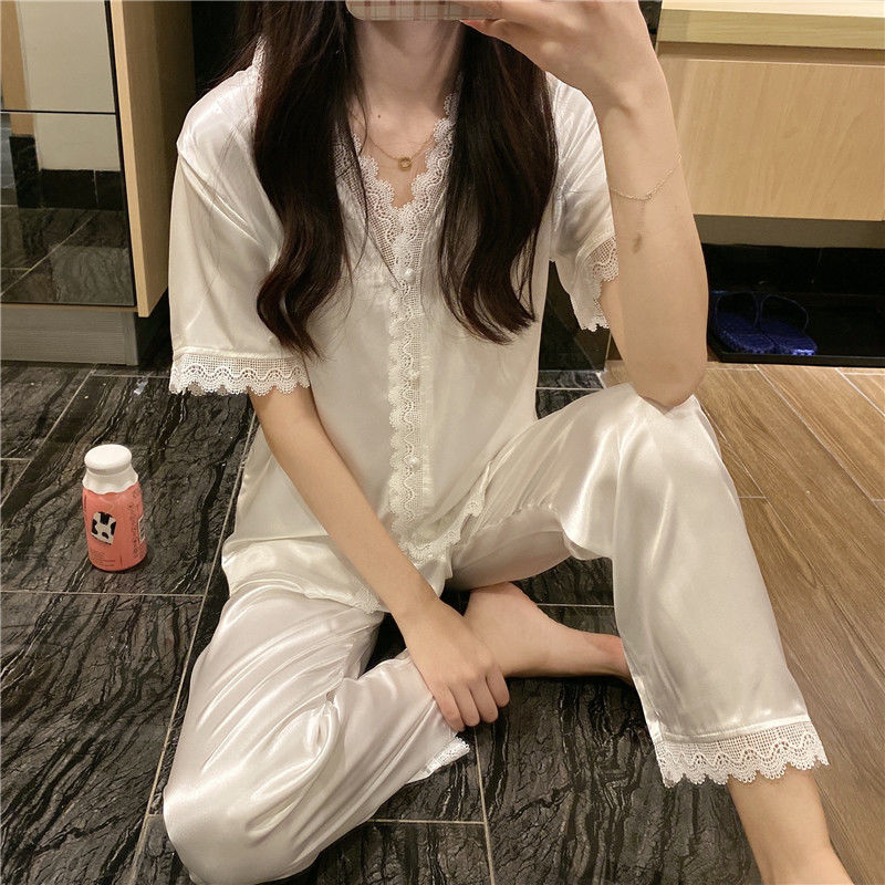 Korean ins spring and summer lace V-neck silky short-sleeved trousers solid color sweet loose pajamas women's home service suit