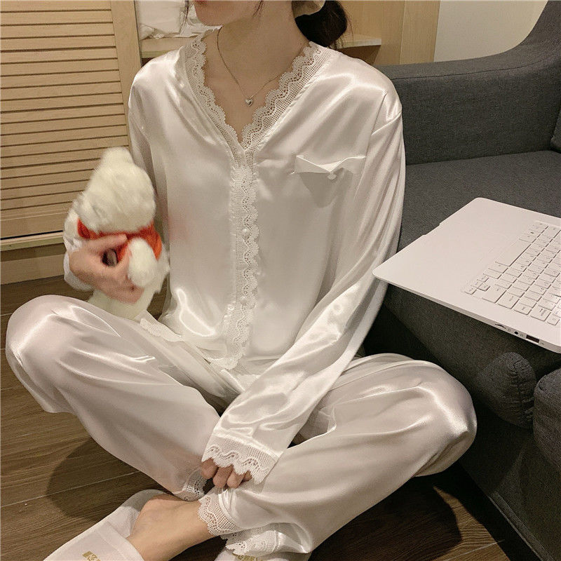 Korean ins autumn and winter sweet lace V-neck silky long-sleeved trousers solid color loose pajamas women's home service suit