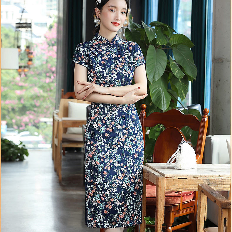 夏季短袖旗袍2022年新款女裝復古中國風碎花日常遮肚改良版連衣裙