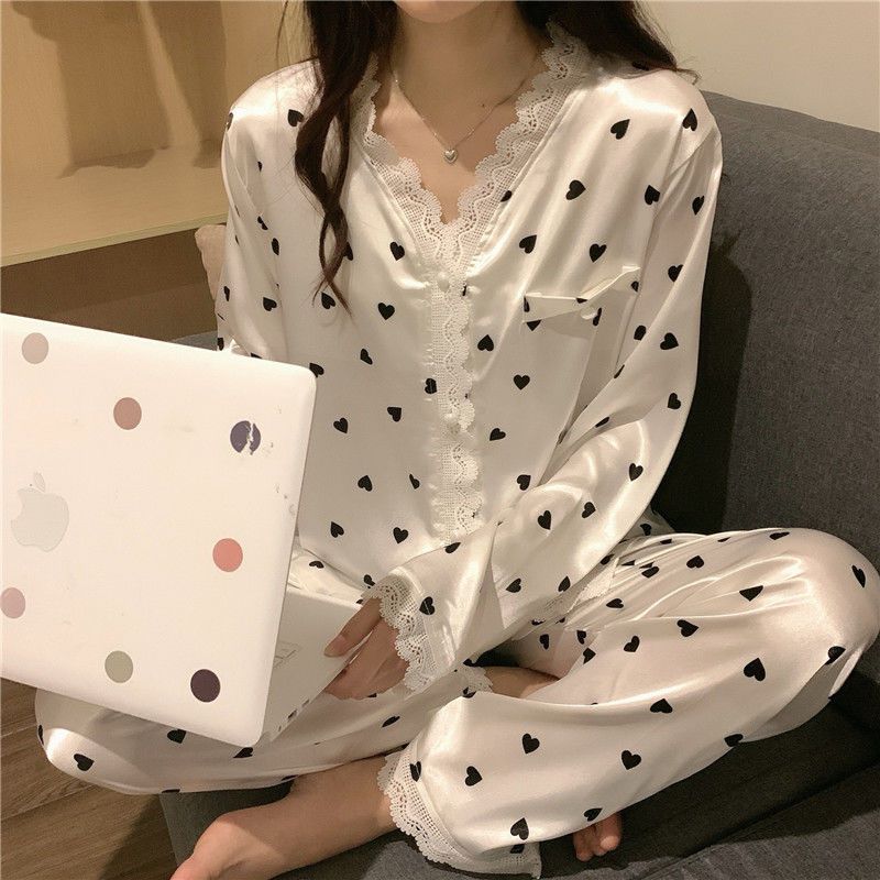 Korean ins autumn and winter sweet lace V-neck silky long-sleeved trousers solid color loose pajamas women's home service suit