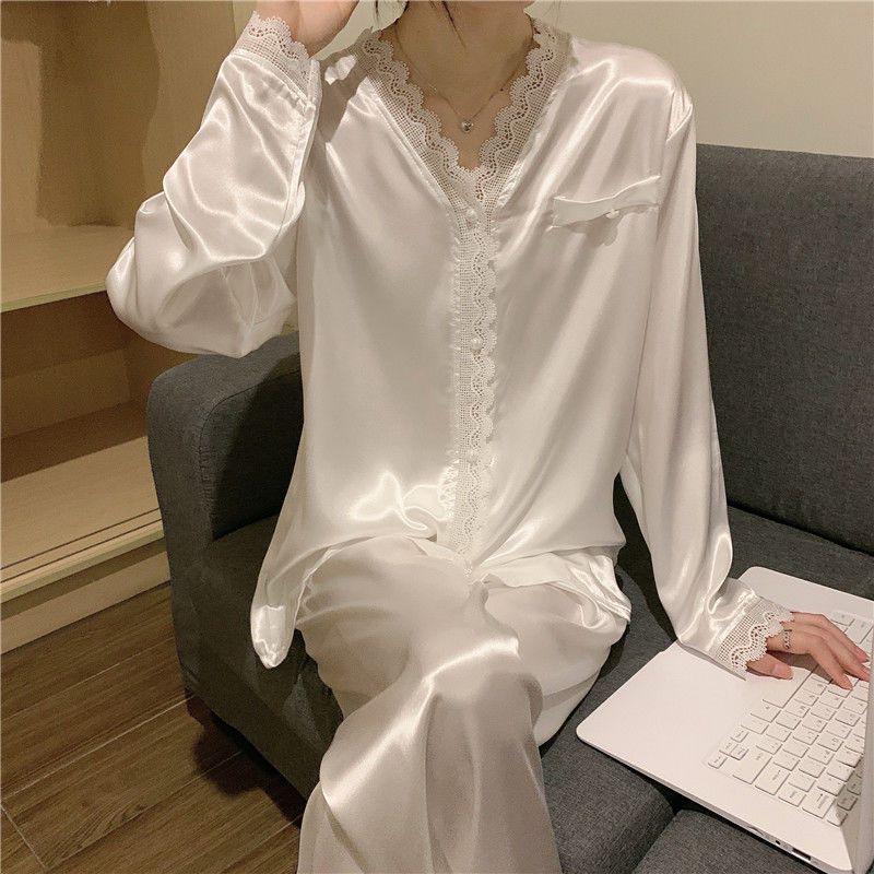 Korean ins autumn and winter sweet lace V-neck silky long-sleeved trousers solid color loose pajamas women's home service suit