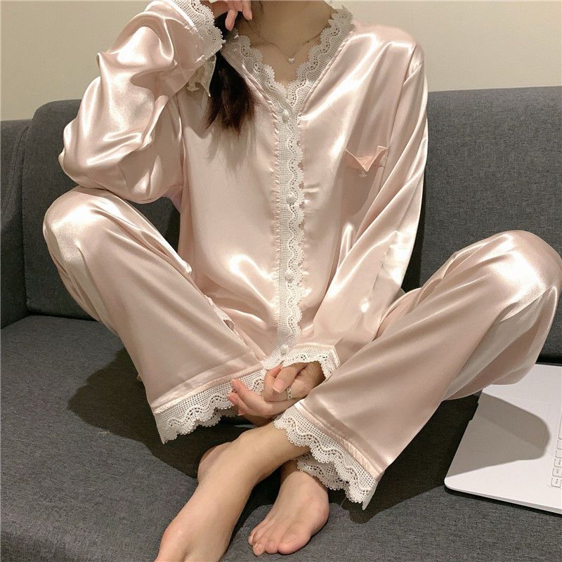 Korean ins autumn and winter sweet lace V-neck silky long-sleeved trousers solid color loose pajamas women's home service suit