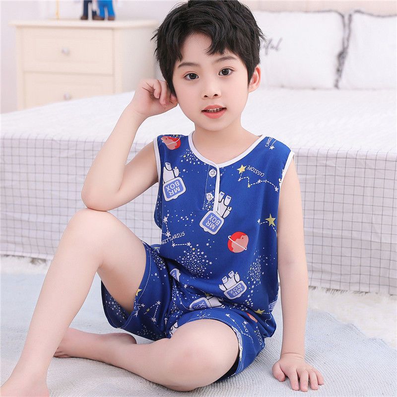 兒童睡衣背心短褲套裝夏季薄款人造棉綢小孩無袖綿綢男女童家居服