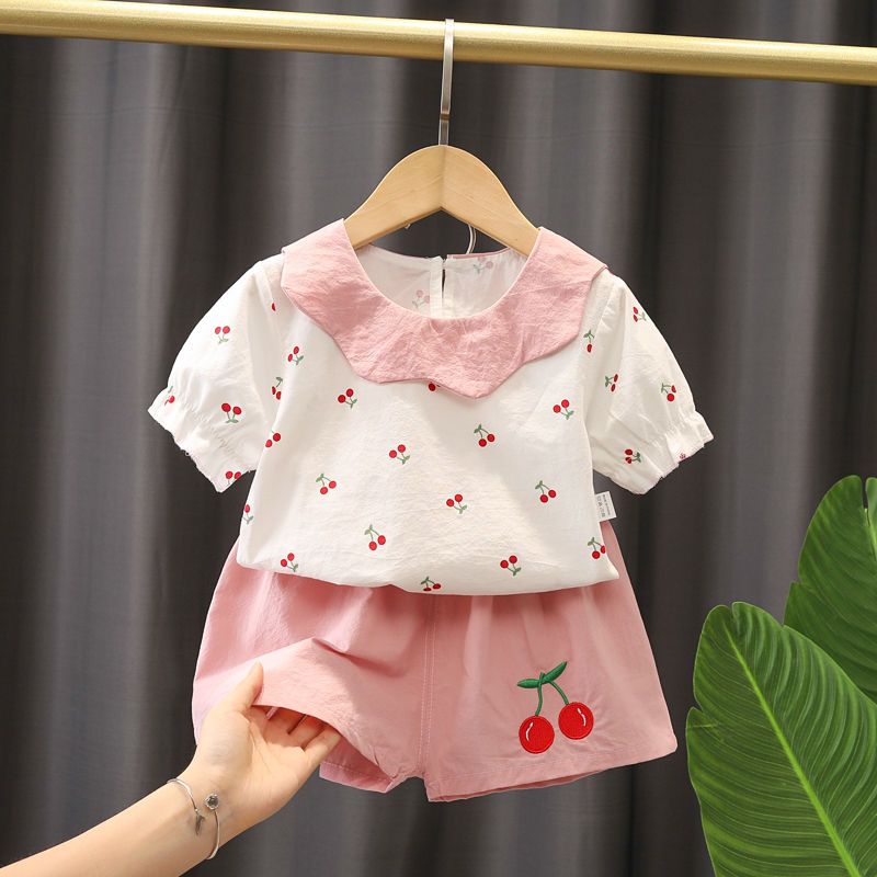 1-5岁女宝宝娃娃衫樱桃裤裙两件套女童夏装3女婴儿文艺小清新套装