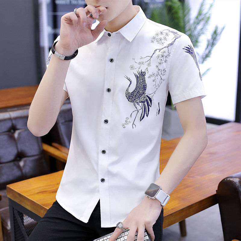 白衬衫男士印花短袖夏季韩版潮流帅气有型衬衣休闲百搭寸衣男半袖