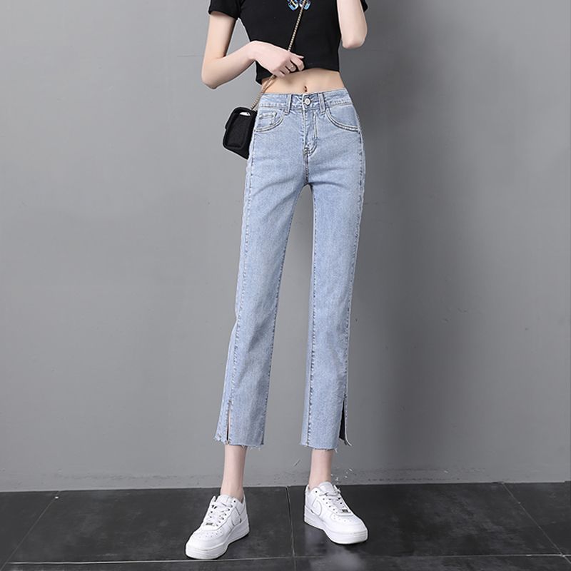 Slit straight high-waist jeans women's summer thin  new Korean version slimming elastic nine-point wide-leg cigarette pants