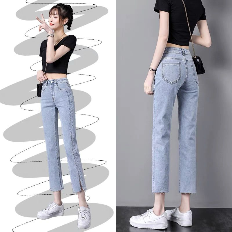 Slit straight high-waist jeans women's summer thin  new Korean version slimming elastic nine-point wide-leg cigarette pants