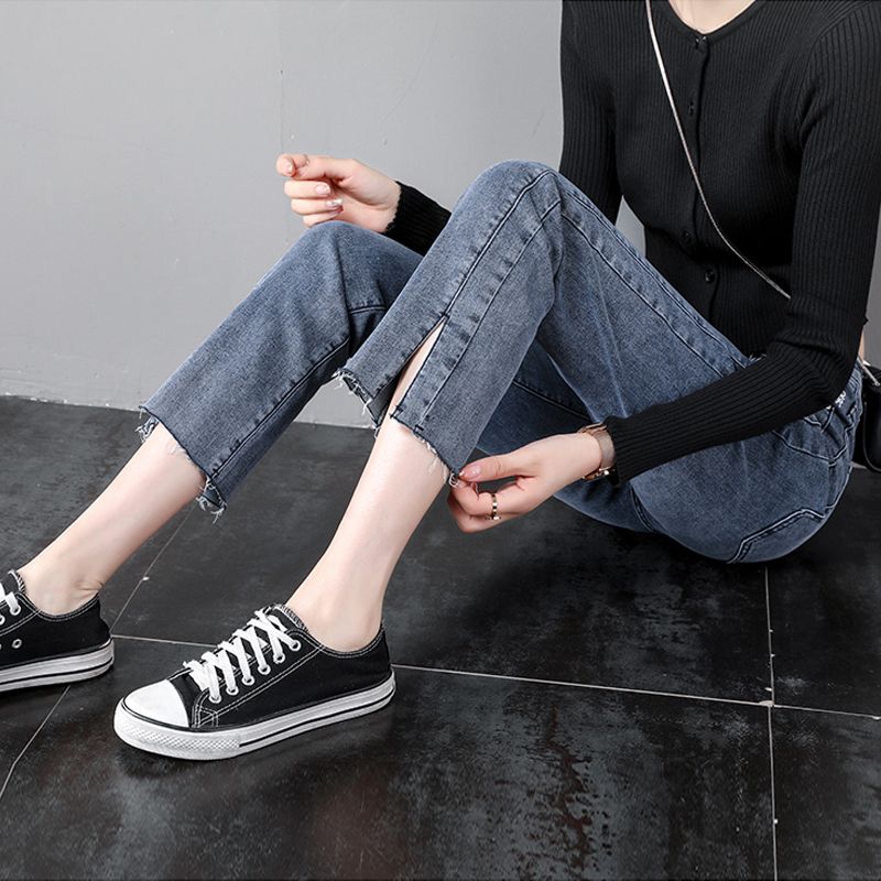 Slit straight high-waist jeans women's summer thin  new Korean version slimming elastic nine-point wide-leg cigarette pants