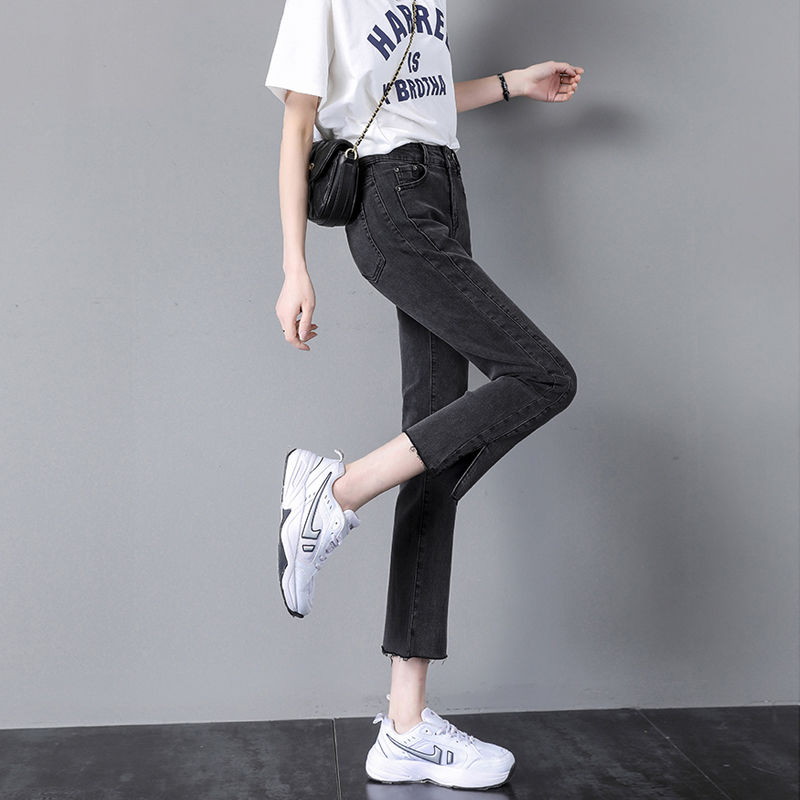 Slit straight high-waist jeans women's summer thin  new Korean version slimming elastic nine-point wide-leg cigarette pants