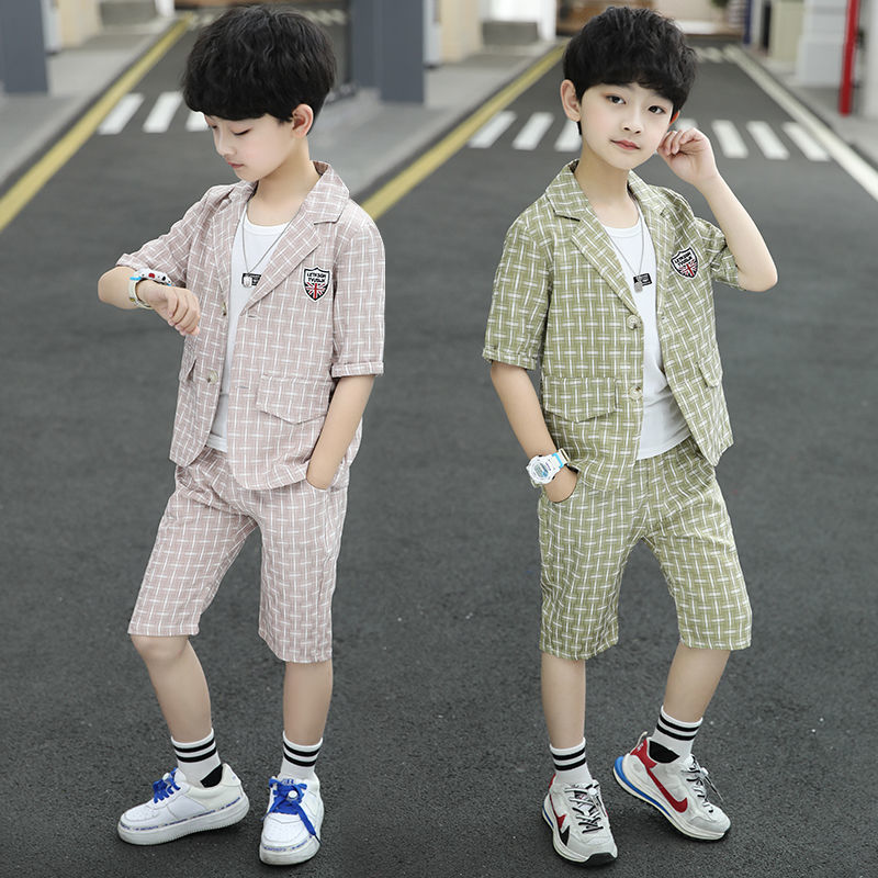 Children's clothing boy suit suit 2023 new children's small suit summer suit three-piece short-sleeved dress Korean handsome