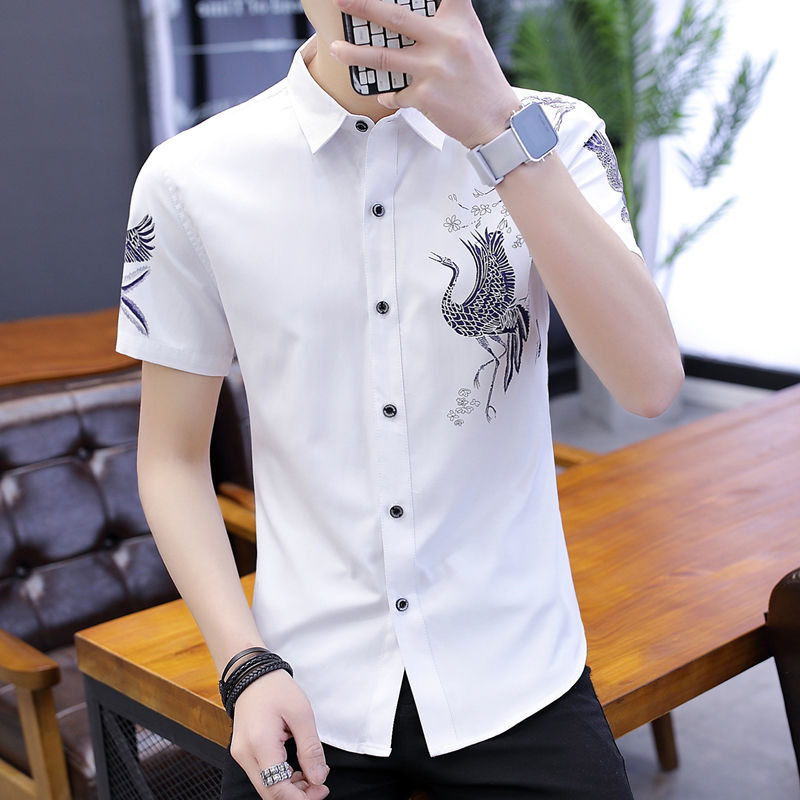 白衬衫男士印花短袖夏季韩版潮流帅气有型衬衣休闲百搭寸衣男半袖