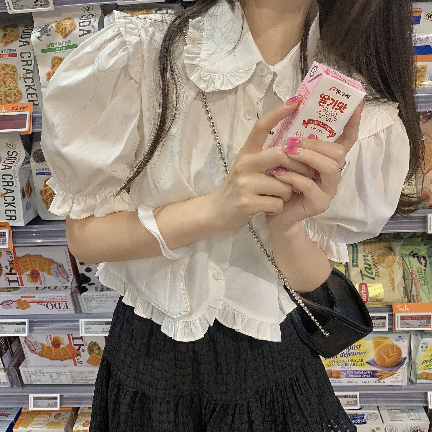 輕法式娃娃領襯衫女2021夏季甜美荷葉邊高腰短款白色上衣
