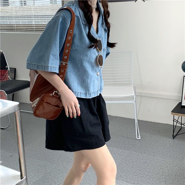 French short-sleeved denim jacket shirt women's summer new large size fat mm design sense loose short top shirt