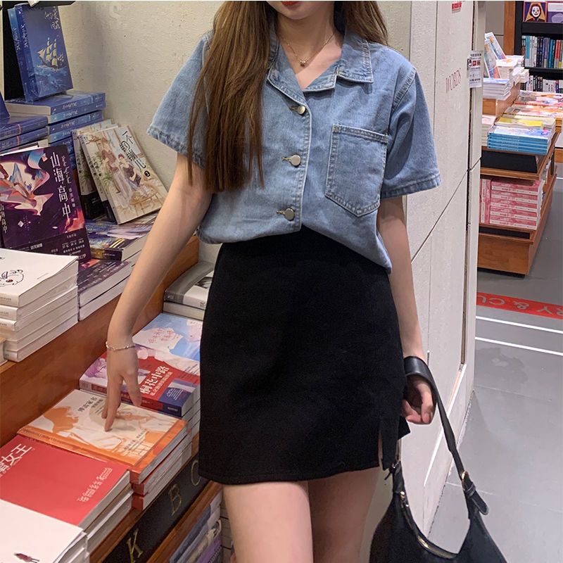 French short-sleeved denim jacket shirt women's summer thin section new large size fat mm loose design short shirt