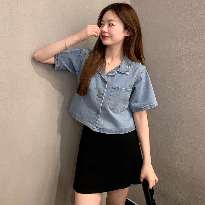 French short-sleeved denim jacket shirt women's summer thin section new large size fat mm loose design short shirt