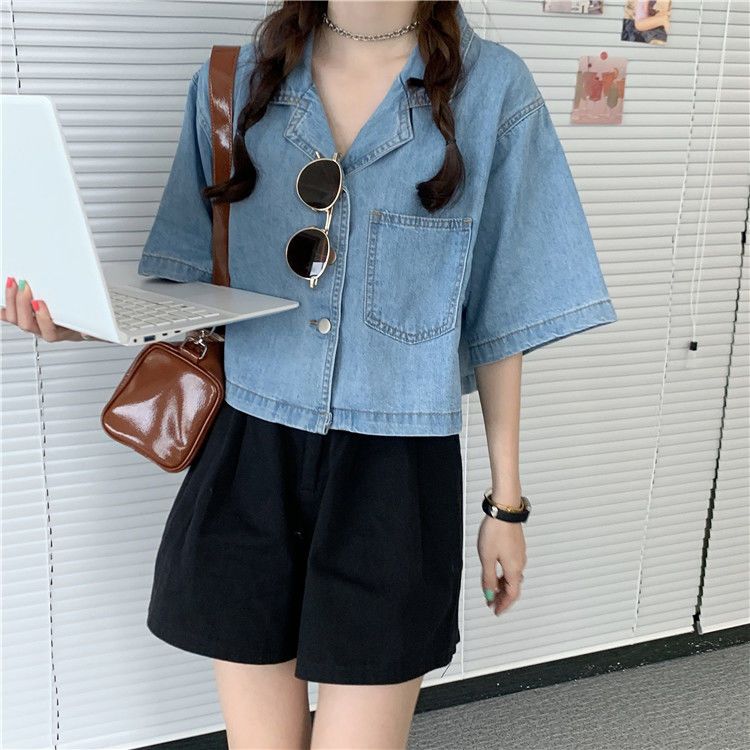 French short-sleeved denim jacket shirt women's summer new large size fat mm design sense loose short top shirt