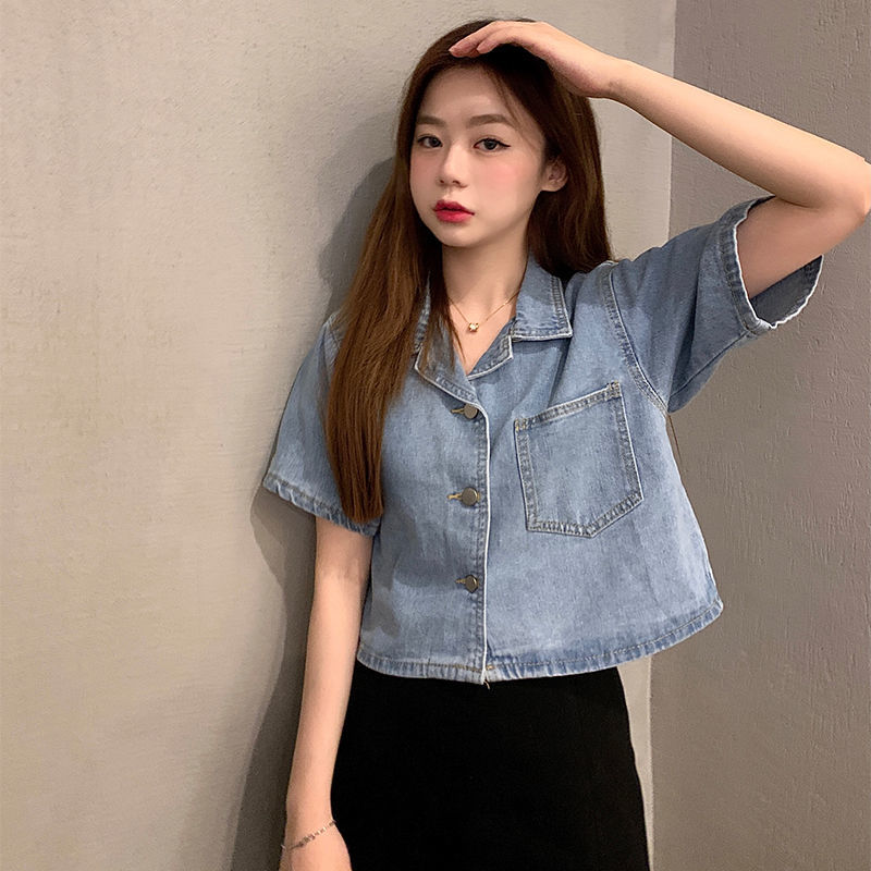 French short-sleeved denim jacket shirt women's summer thin section new large size fat mm loose design short shirt