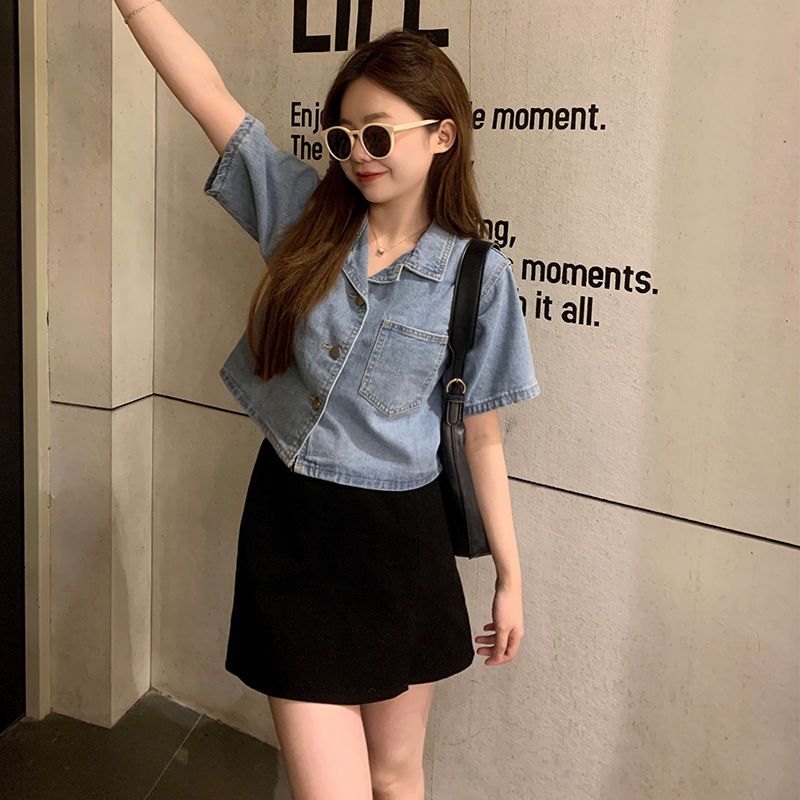 French short-sleeved denim jacket shirt women's summer thin section new large size fat mm loose design short shirt