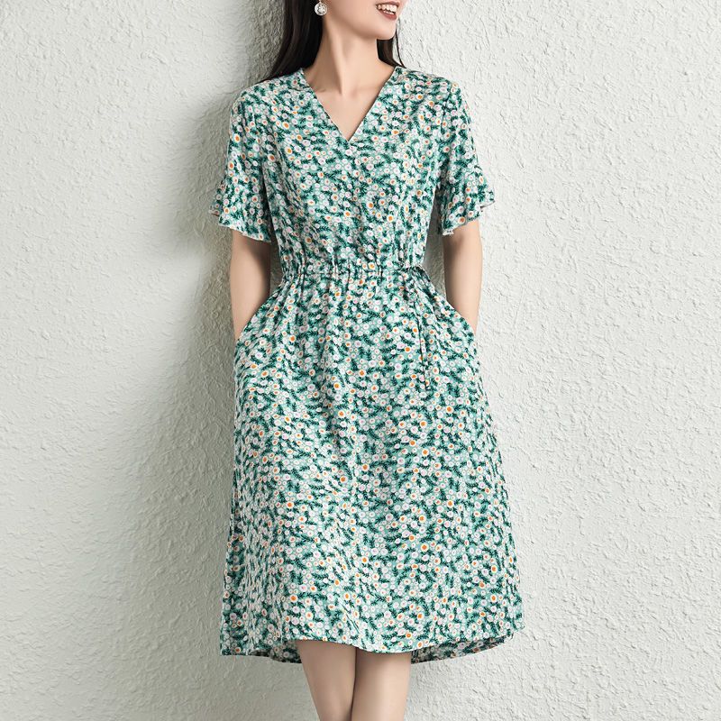 2023新款高級棉綢連衣裙女夏季人造棉碎花大擺裙氣質顯瘦外穿裙子