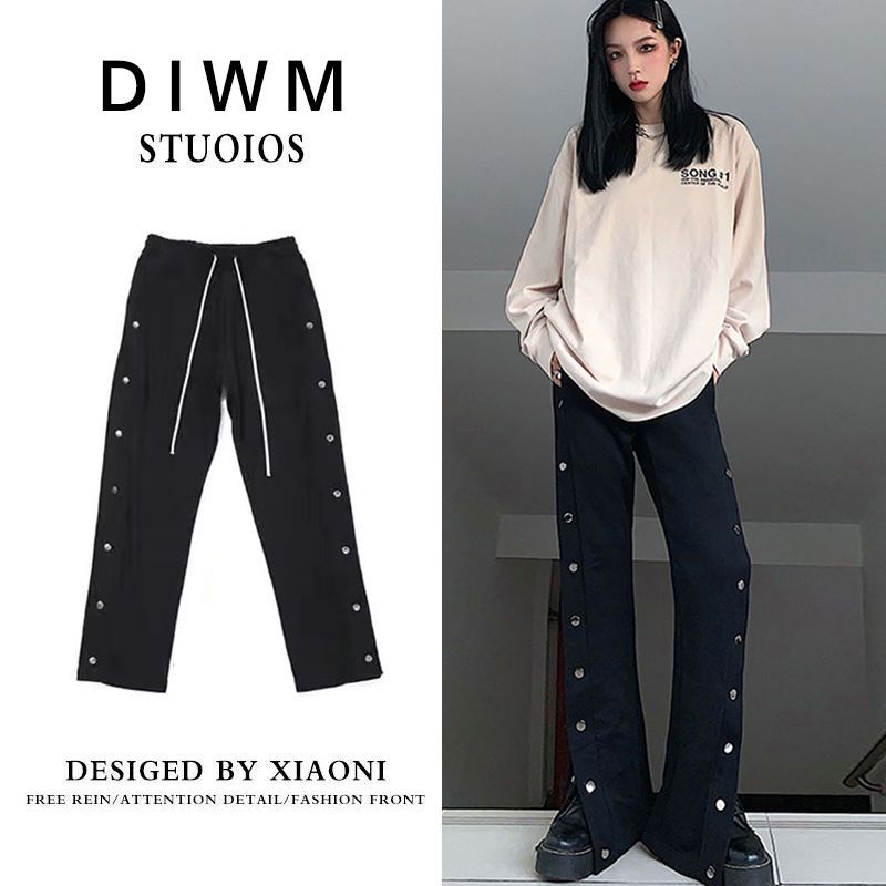 Button-breasted pants ins women's Harajuku style wide-leg pants high waist loose thin straight-leg pants spring and summer casual sports trousers