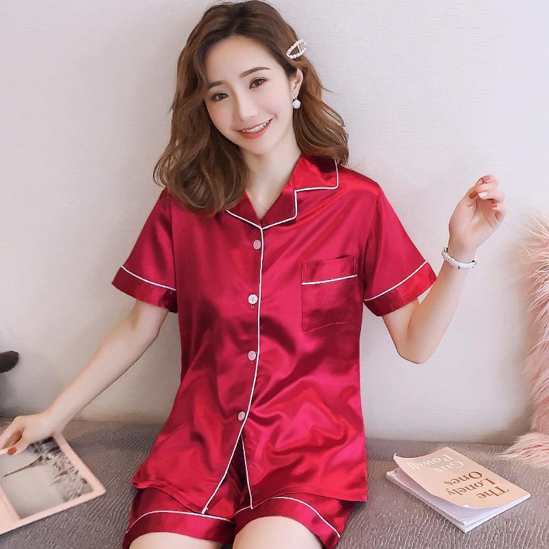Summer ice silk pajamas women's spring and summer short-sleeved suit simulation silk thin section ins style simple student home service