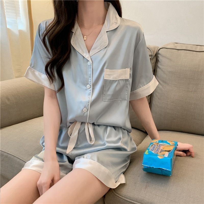Summer ice silk pajamas women's spring and summer short-sleeved suit simulation silk thin section ins style simple student home service