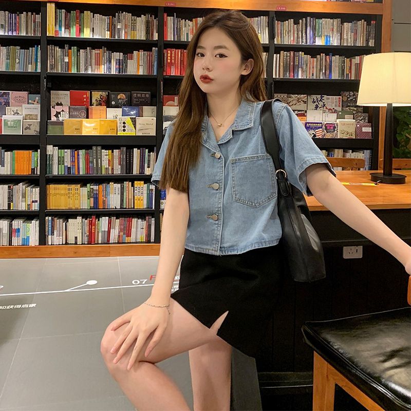 French short-sleeved denim jacket shirt women's summer thin section new large size fat mm loose design short shirt