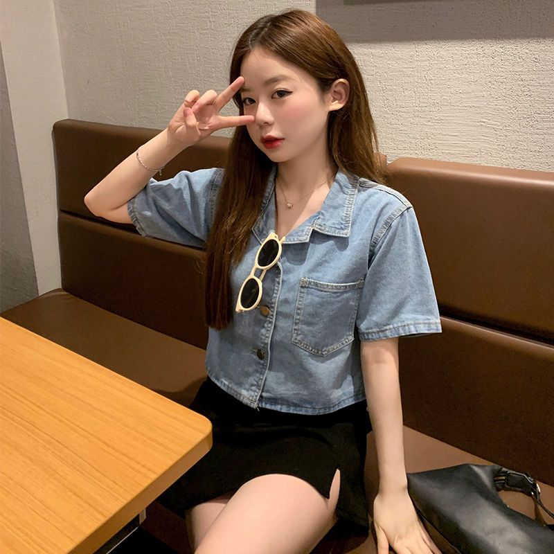 French short-sleeved denim jacket shirt women's summer thin section new large size fat mm loose design short shirt