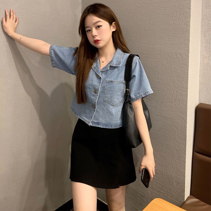 French short-sleeved denim jacket shirt women's summer thin section new large size fat mm loose design short shirt