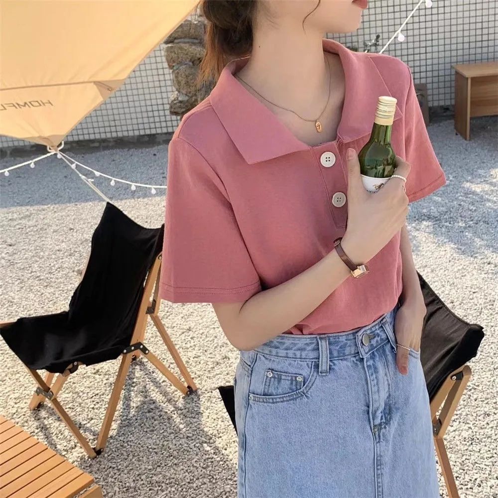 Containing cotton 2024 spring and summer new style slimming simple temperament POLO collar solid color versatile top clothes trendy short-sleeved T-shirt for women