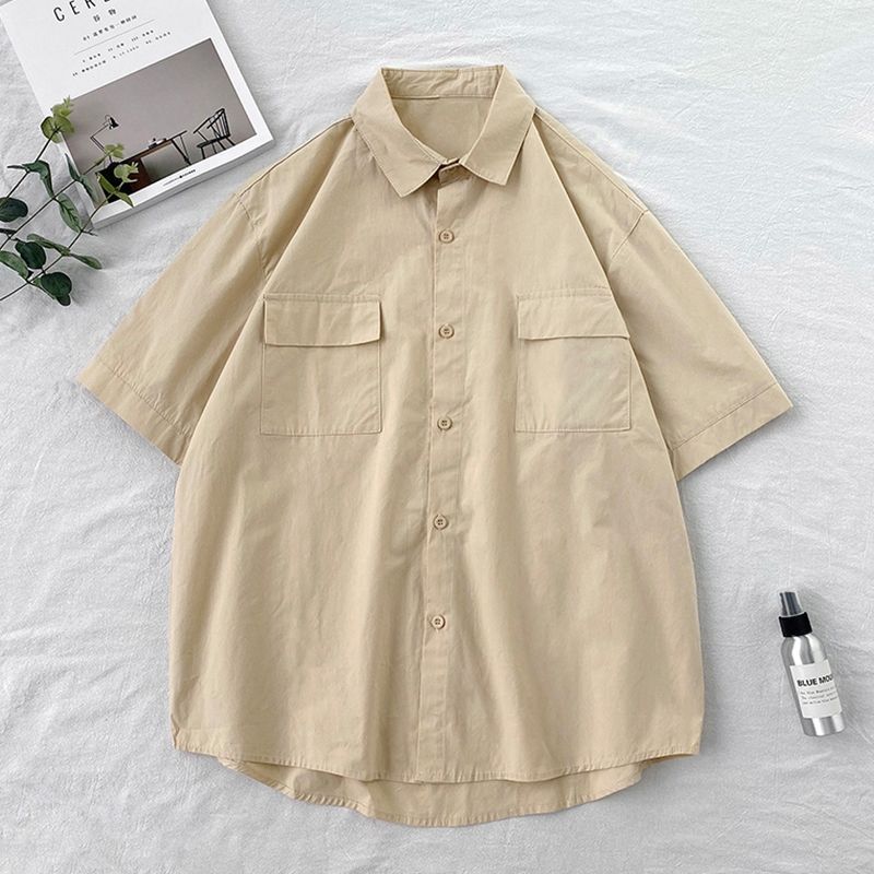 Summer solid color short-sleeved shirt men's loose Japanese workwear five-quarter sleeve top Hong Kong style all-match trendy half-sleeved shirt