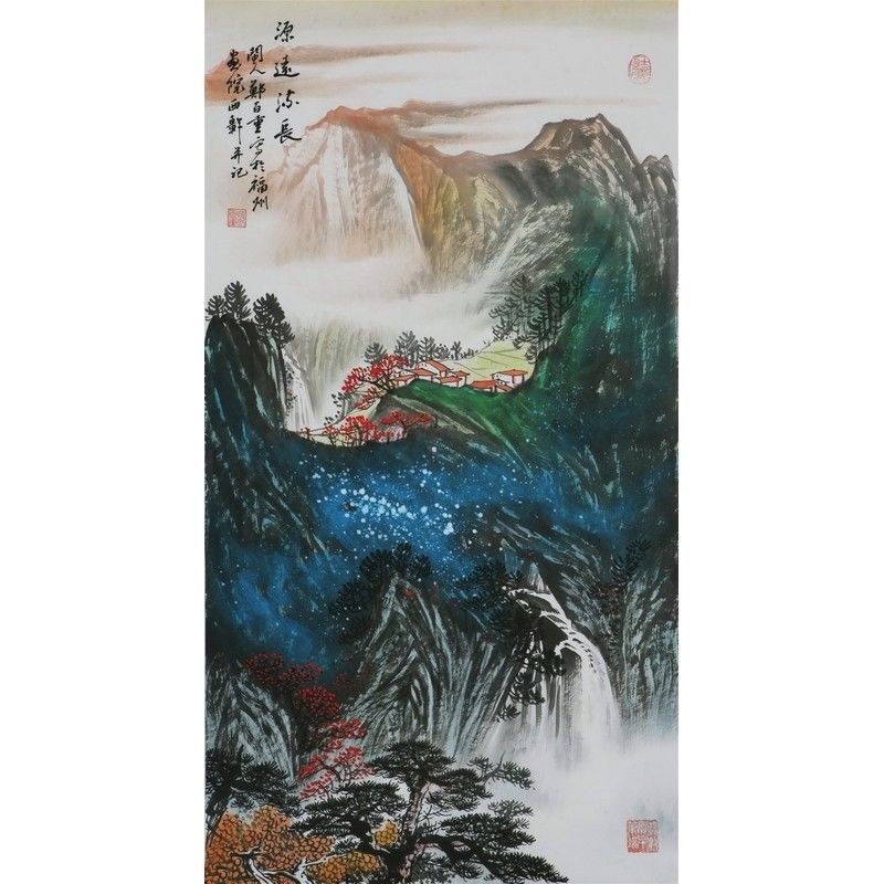 名家 郑百重 风格【504】泼彩山水 国画 松壑图 字画 手绘 三尺竖