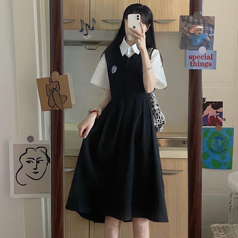 【高品質】套裝jk制服韓版日系刺繡百褶背帶連衣裙字女短袖襯衫潮