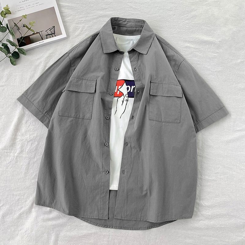 Summer solid color short-sleeved shirt men's loose Japanese workwear five-quarter sleeve top Hong Kong style all-match trendy half-sleeved shirt