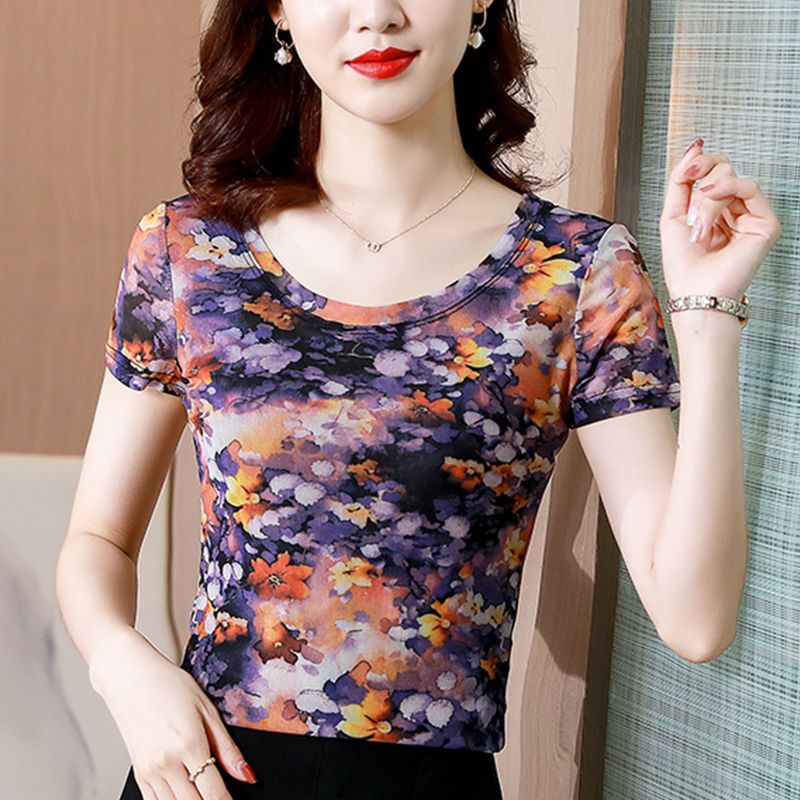印花短袖網紗T恤女2021夏季新款彈力印花百搭圓領上衣修身打底衫