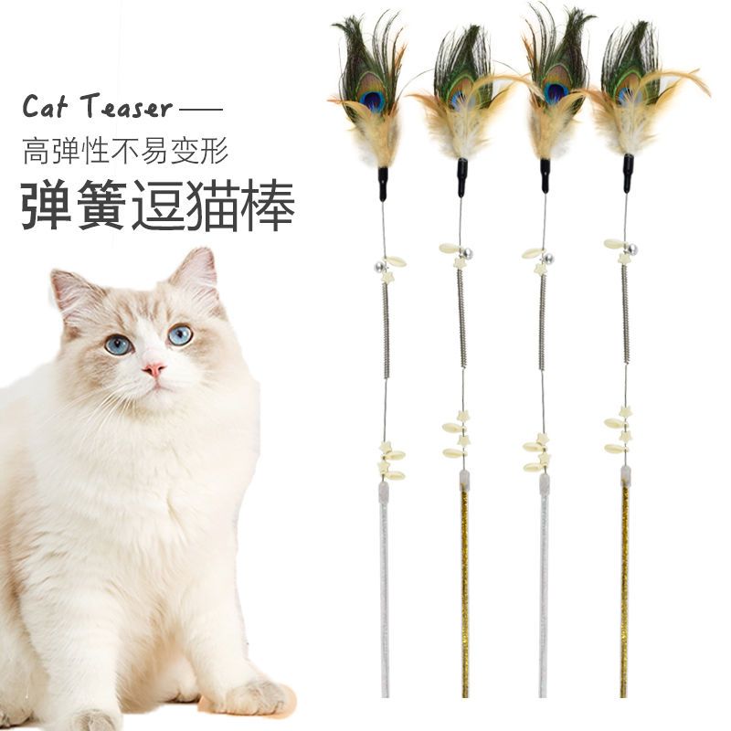 长杆孔雀羽毛逗猫棒带铃铛宠物玩具猫咪用品猫玩宠物用品逗猫神器