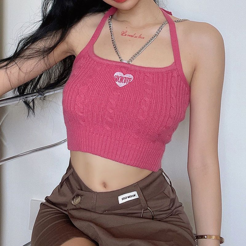 BIIKPIIK new hot girl knitted chain hanging neck vest with candy-colored short strap tube top women