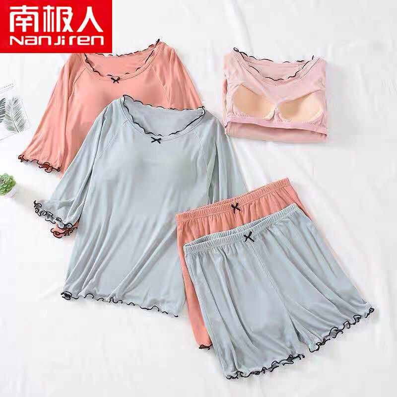 南極人自帶胸墊睡衣女夏季套裝短袖短褲寬鬆大碼莫代爾家居服夏天