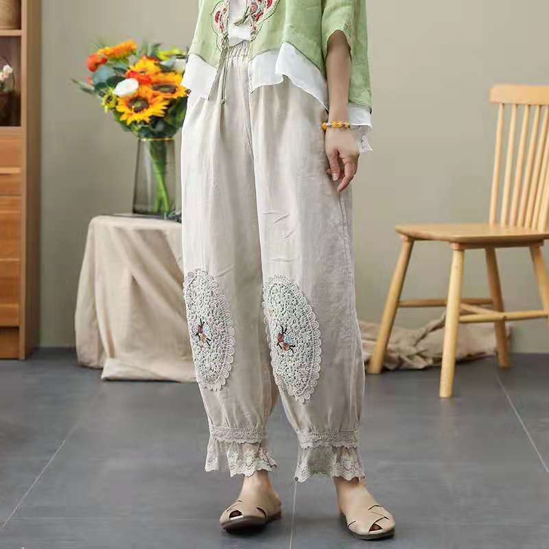 Women Lace Embroidered Bloomers Cropped Trousers Mori Pants
